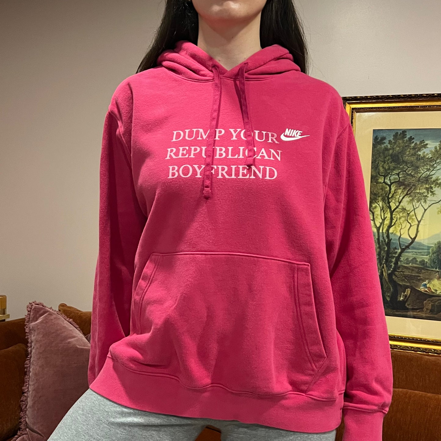 DUMP YOUR REPUBLICAN BOYFRIEND pink hoodie with pink text (XL)
