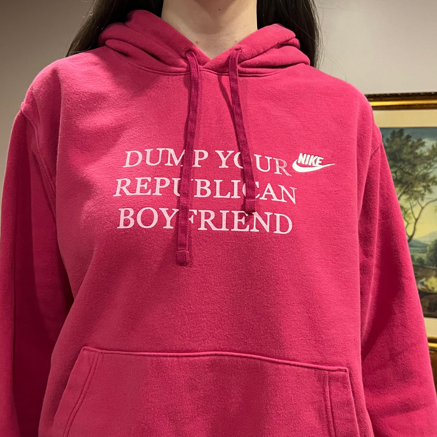 DUMP YOUR REPUBLICAN BOYFRIEND pink hoodie with pink text (XL)