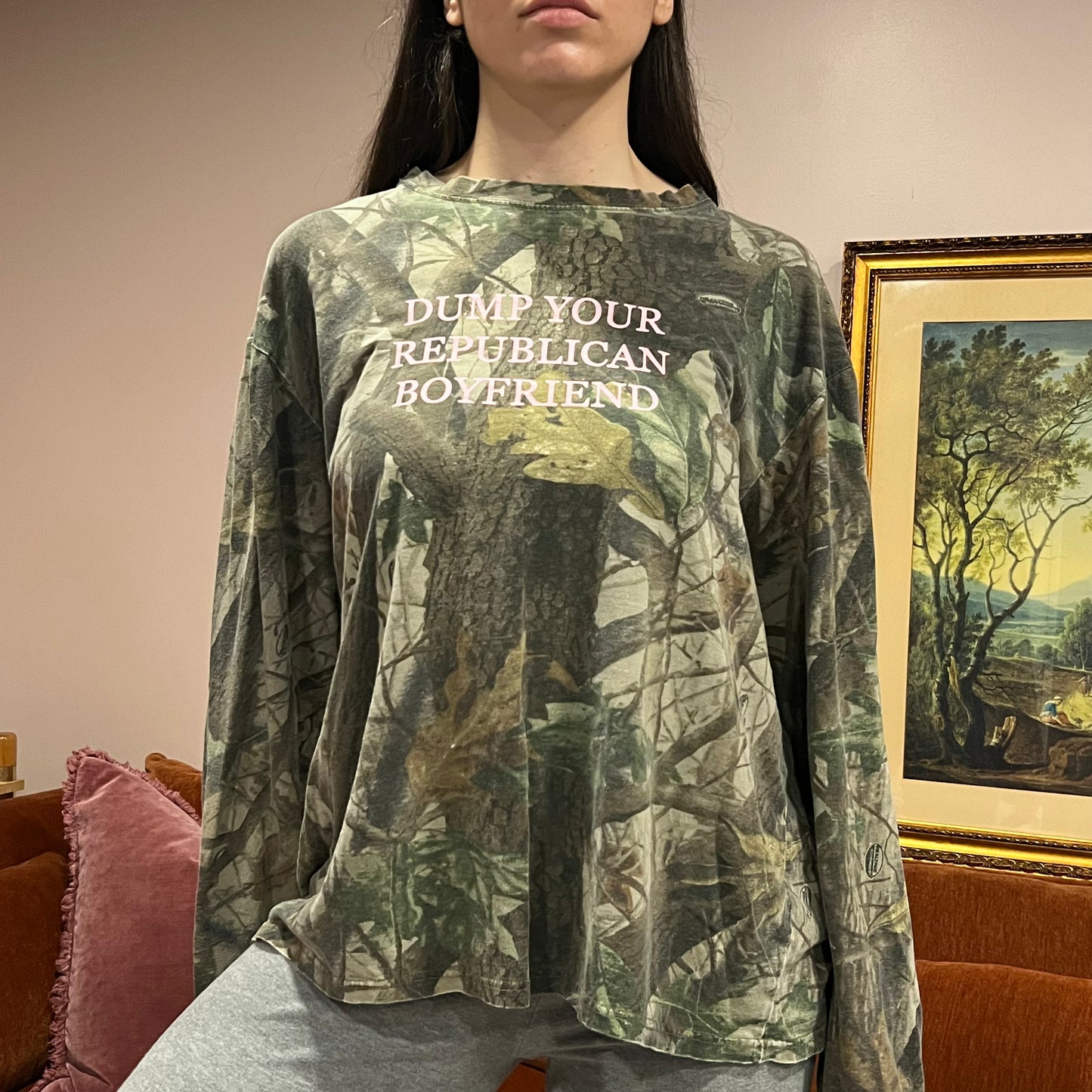 DUMP YOUR REPUBLICAN BOYFRIEND camo long sleeve t-shirt with pink text (L/XL)