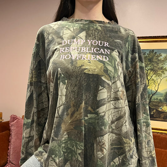 DUMP YOUR REPUBLICAN BOYFRIEND camo long sleeve t-shirt with pink text (L/XL)