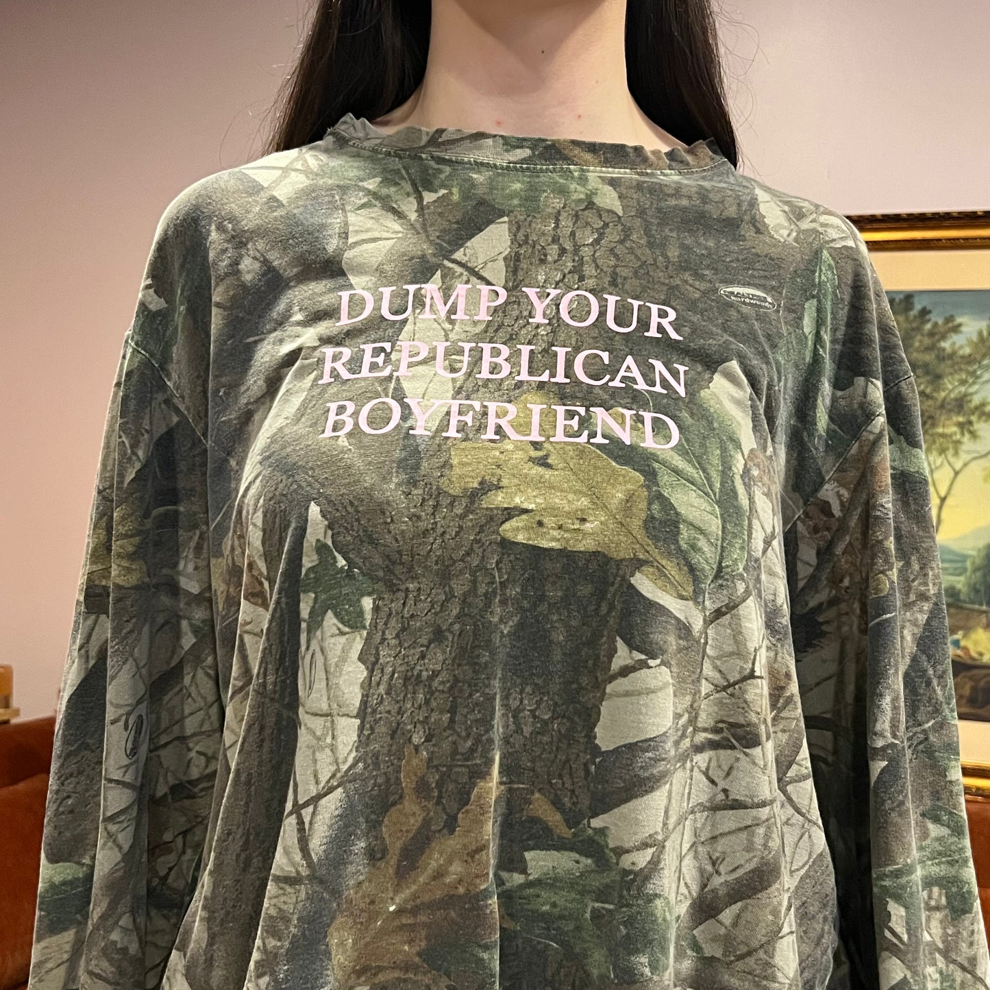 DUMP YOUR REPUBLICAN BOYFRIEND camo long sleeve t-shirt with pink text (L/XL)