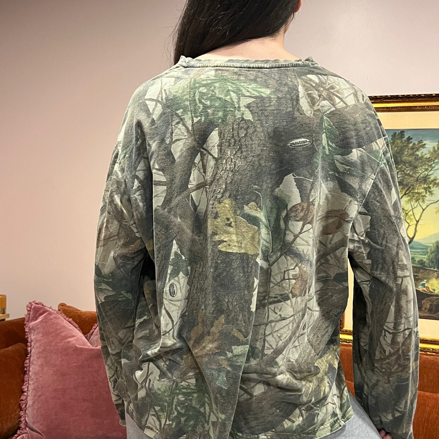 DUMP YOUR REPUBLICAN BOYFRIEND camo long sleeve t-shirt with pink text (L/XL)