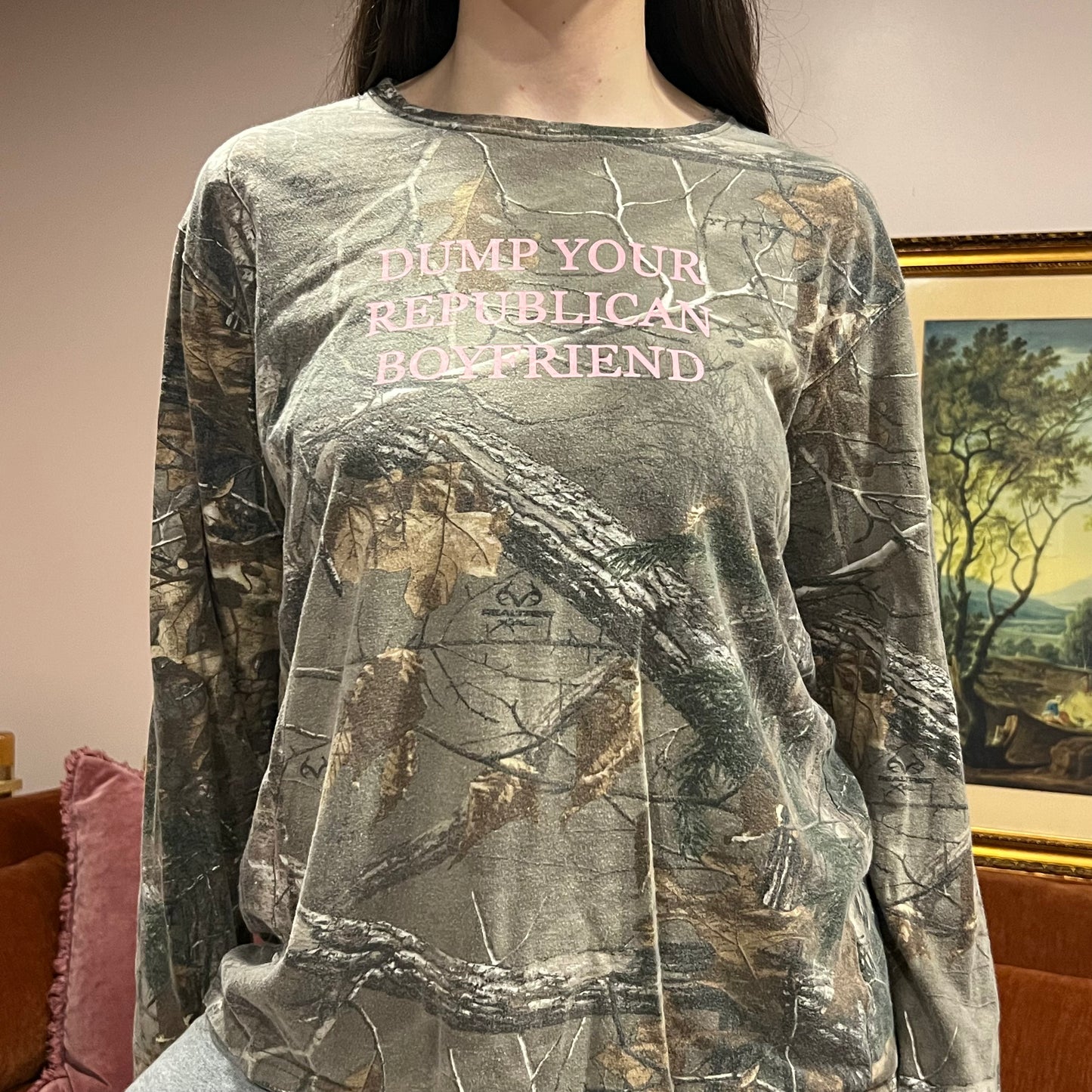 DUMP YOUR REPUBLICAN BOYFRIEND camo long sleeve t-shirt with pink text (L)