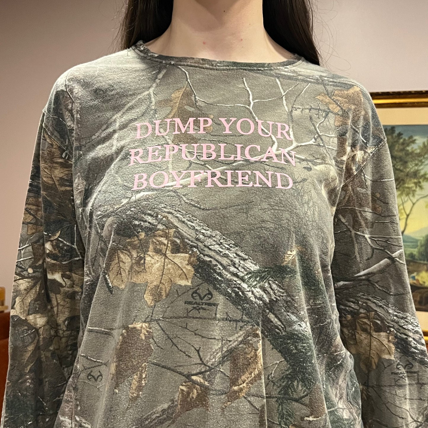 DUMP YOUR REPUBLICAN BOYFRIEND camo long sleeve t-shirt with pink text (L)