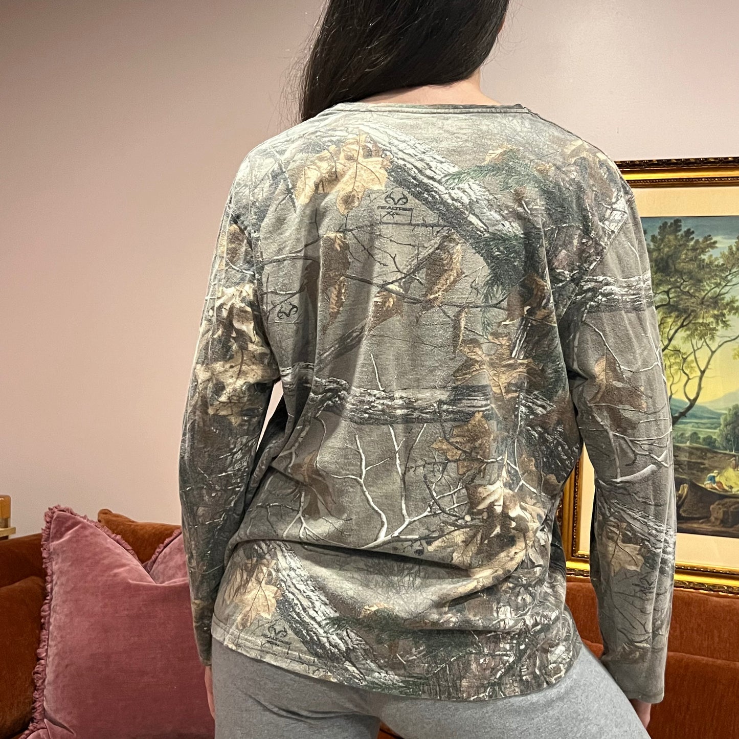 DUMP YOUR REPUBLICAN BOYFRIEND camo long sleeve t-shirt with pink text (L)
