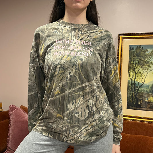 DUMP YOUR REPUBLICAN BOYFRIEND camo long sleeve t-shirt with pink text (M/L)