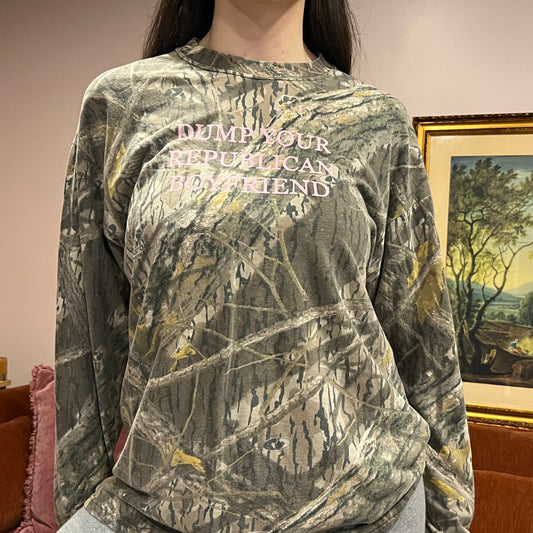 DUMP YOUR REPUBLICAN BOYFRIEND camo long sleeve t-shirt with pink text (M/L)