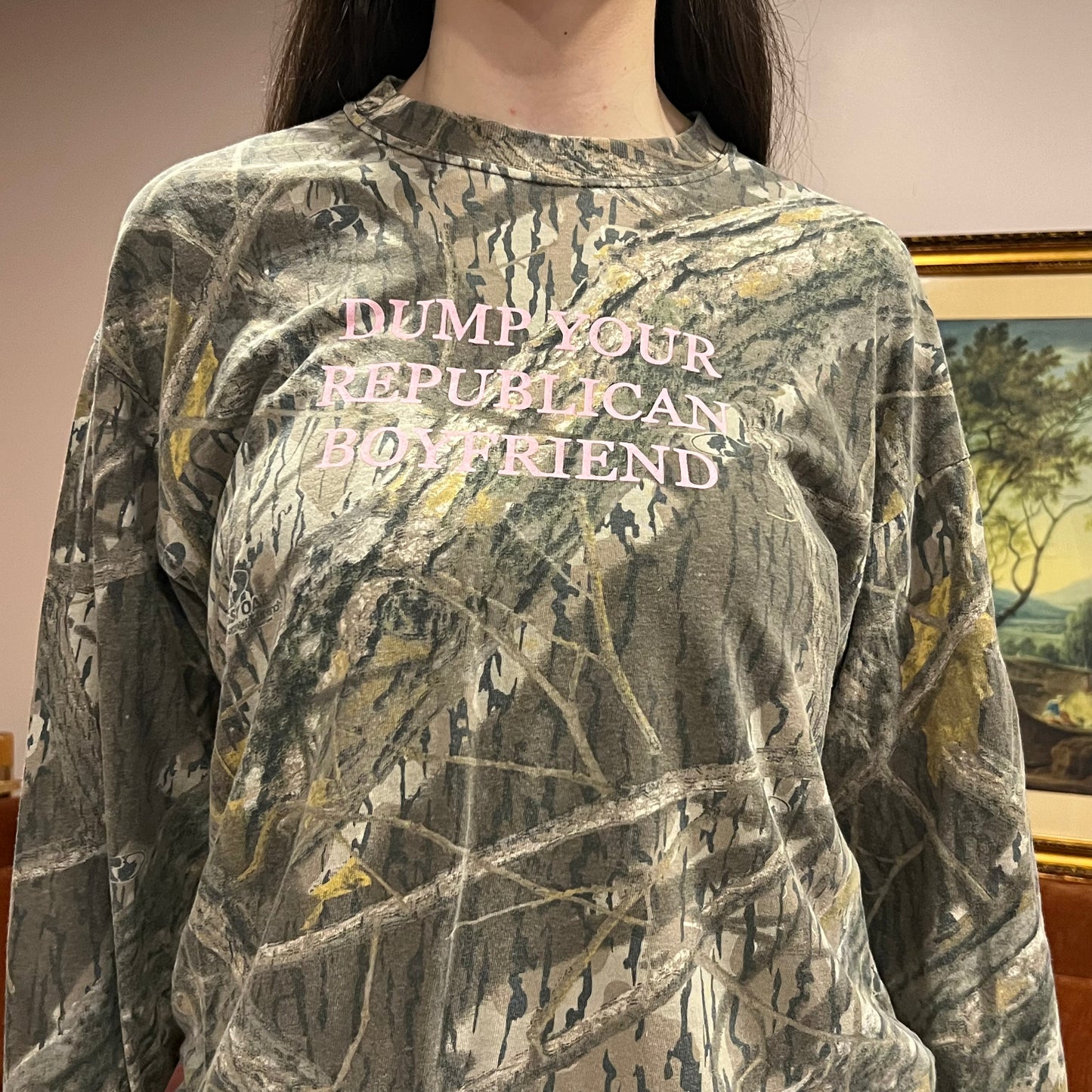 DUMP YOUR REPUBLICAN BOYFRIEND camo long sleeve t-shirt with pink text (M/L)