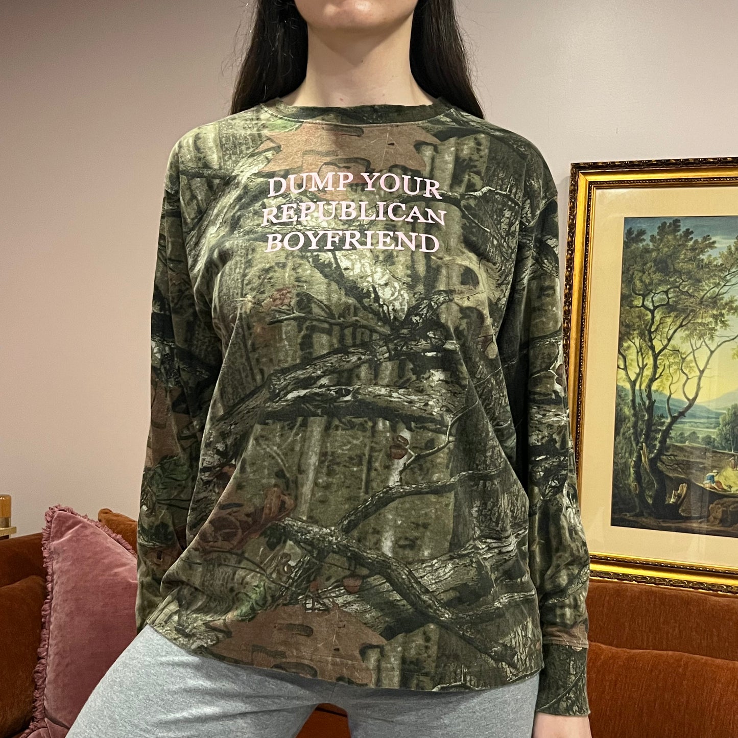 DUMP YOUR REPUBLICAN BOYFRIEND camo long sleeve t-shirt with pink text (L)