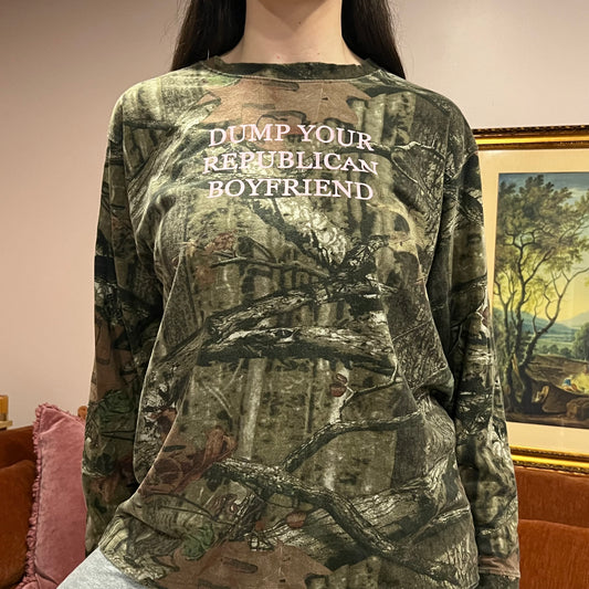 DUMP YOUR REPUBLICAN BOYFRIEND camo long sleeve t-shirt with pink text (L)