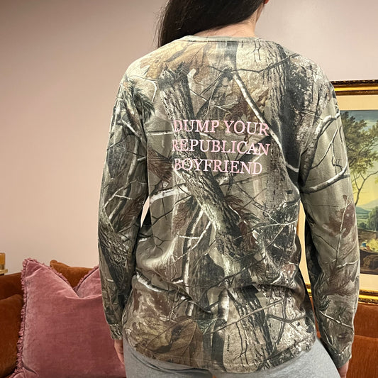 DUMP YOUR REPUBLICAN BOYFRIEND camo long sleeve t-shirt with pink text (M)