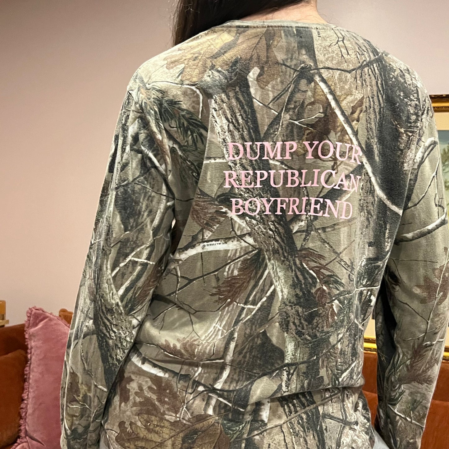 DUMP YOUR REPUBLICAN BOYFRIEND camo long sleeve t-shirt with pink text (M)