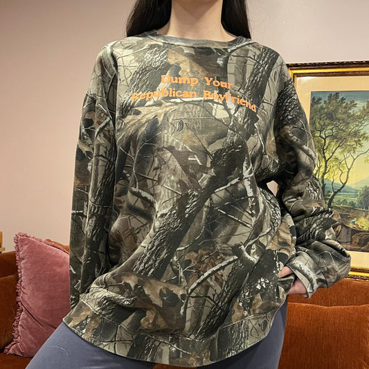 DUMP YOUR REPUBLICAN BOYFRIEND camo crewneck with orange text (2XL)