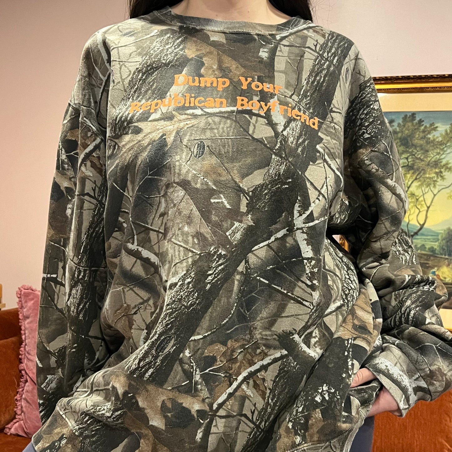DUMP YOUR REPUBLICAN BOYFRIEND camo crewneck with orange text (2XL)