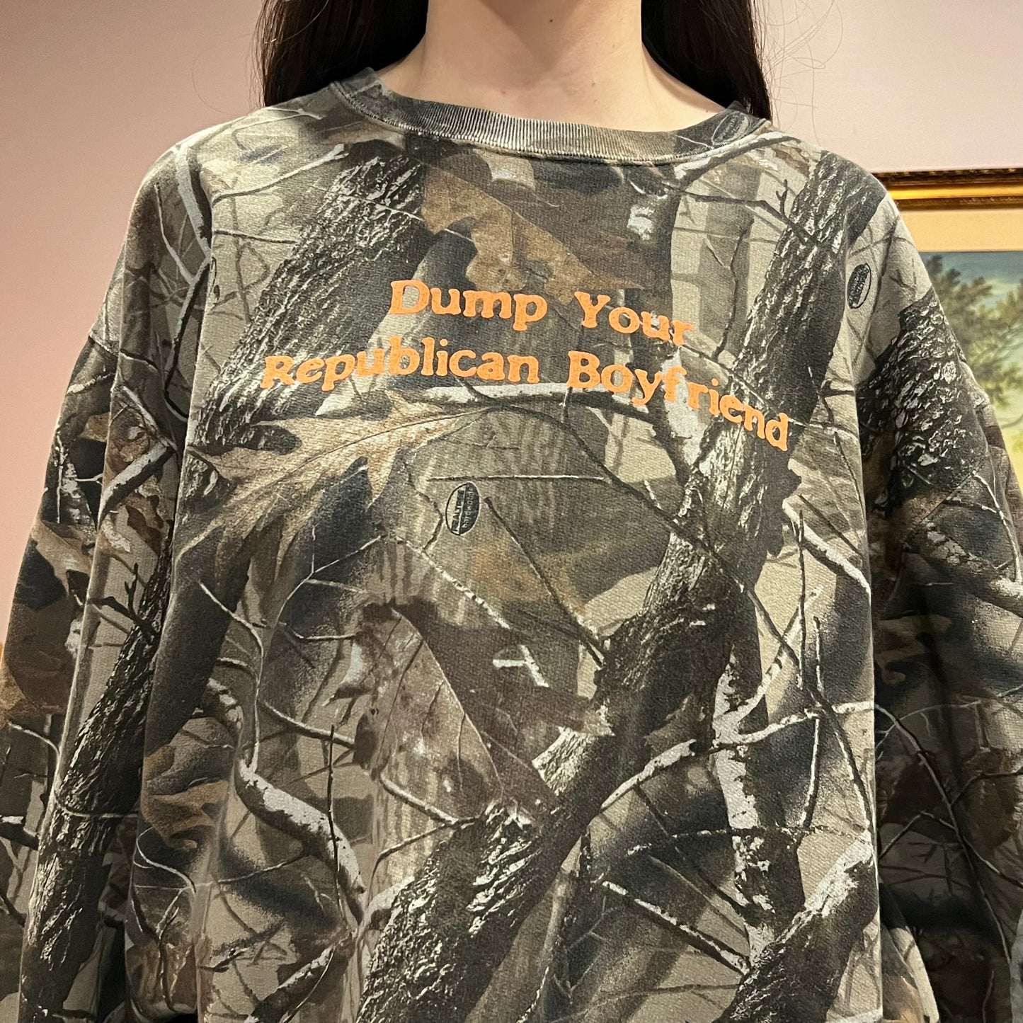 DUMP YOUR REPUBLICAN BOYFRIEND camo crewneck with orange text (2XL)