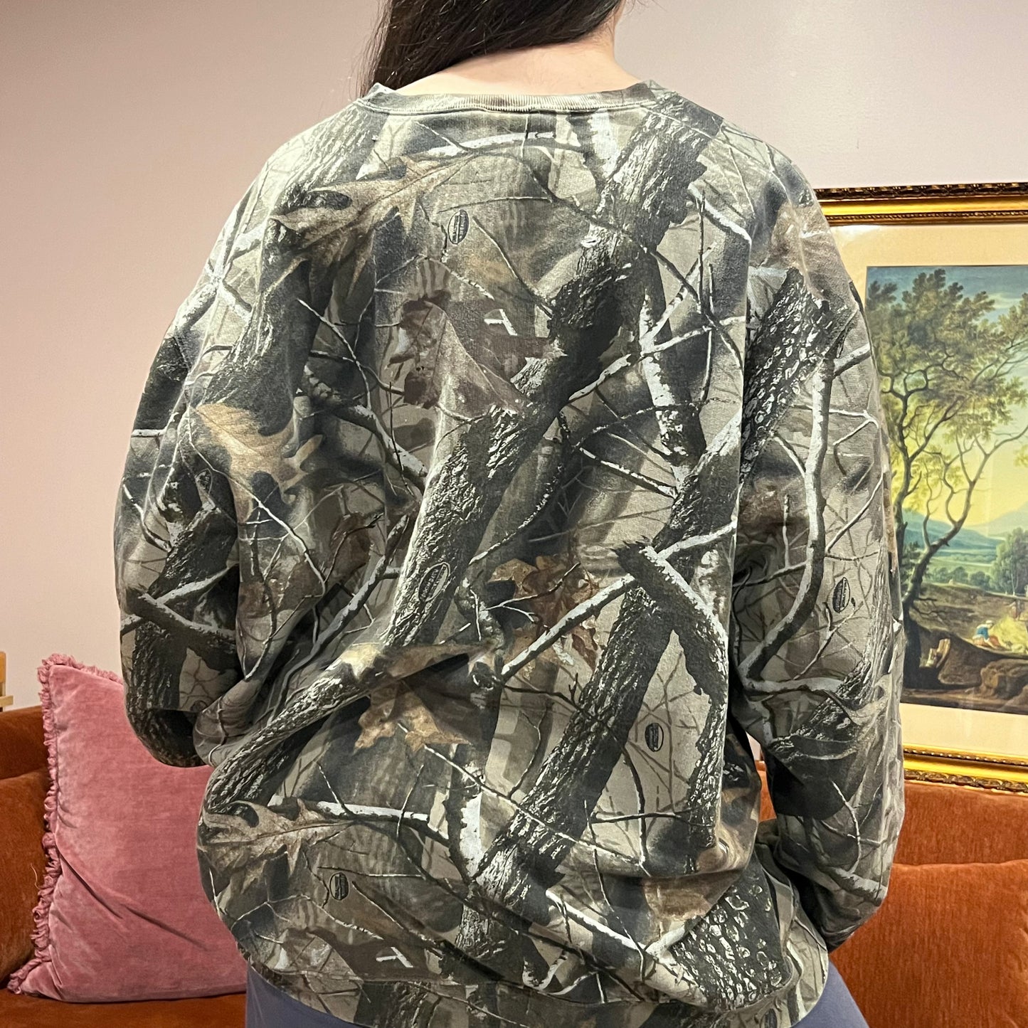 DUMP YOUR REPUBLICAN BOYFRIEND camo crewneck with orange text (2XL)