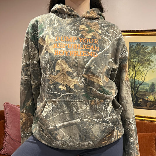 DUMP YOUR REPUBLICAN BOYFRIEND camo hoodie with orange text (L)