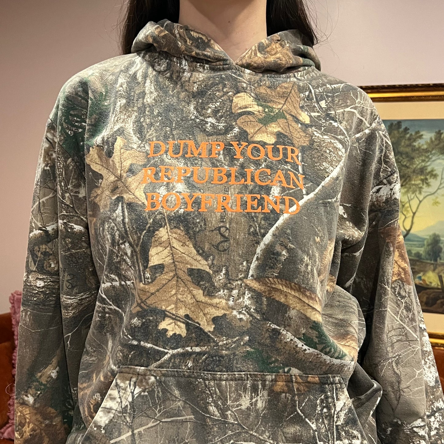 DUMP YOUR REPUBLICAN BOYFRIEND camo hoodie with orange text (L)
