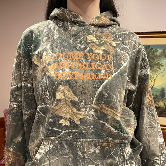 DUMP YOUR REPUBLICAN BOYFRIEND camo hoodie with orange text (L)