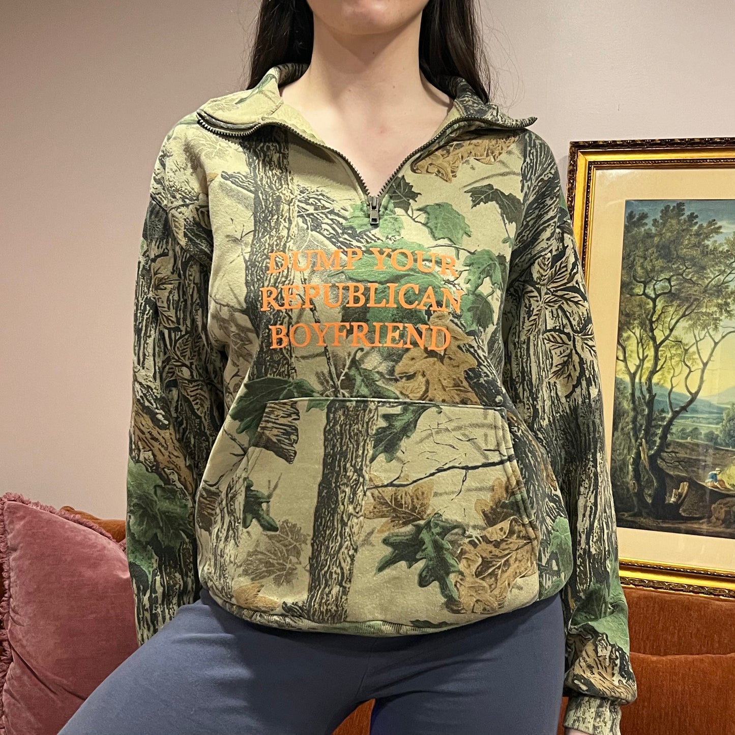 DUMP YOUR REPUBLICAN BOYFRIEND camo zip-up with orange text (M)