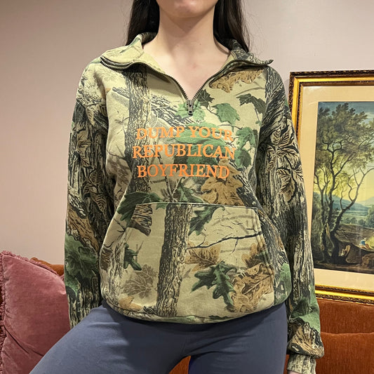 DUMP YOUR REPUBLICAN BOYFRIEND camo zip-up with orange text (M)