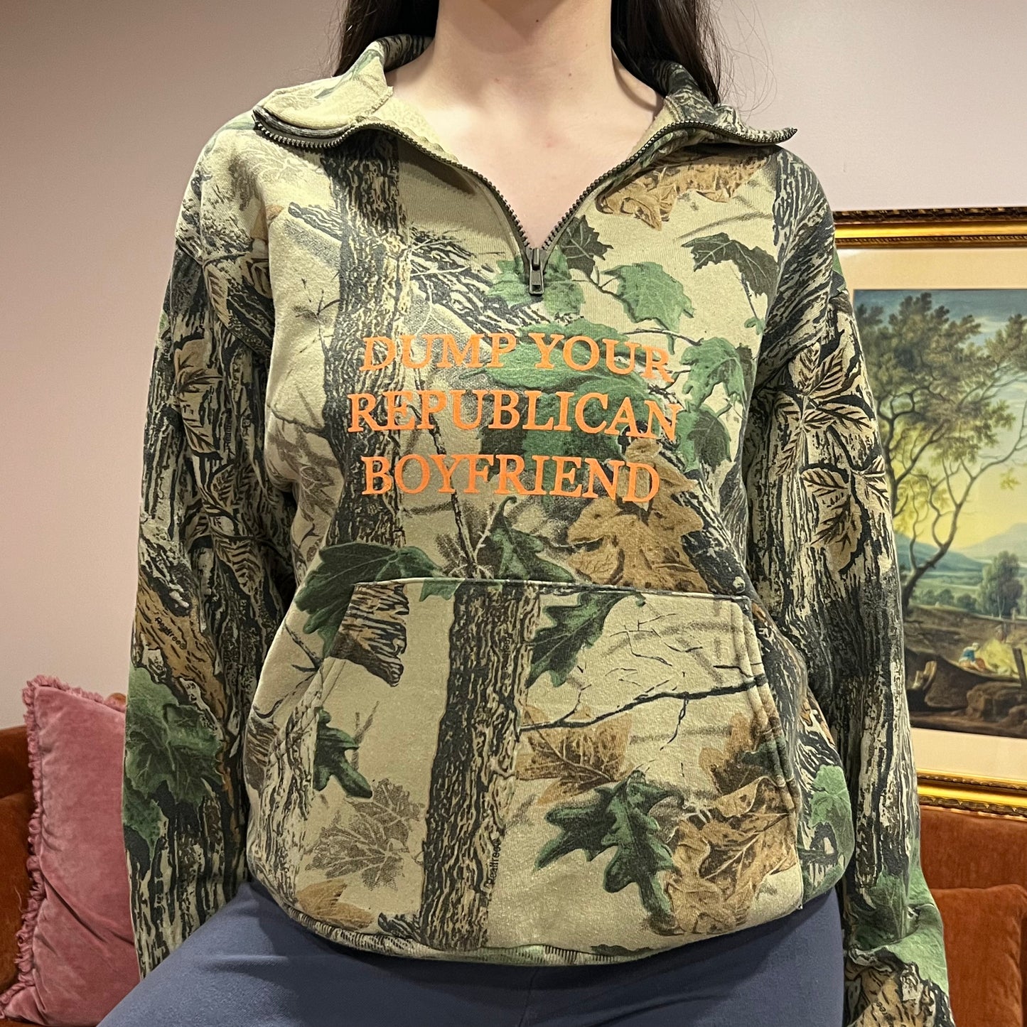 DUMP YOUR REPUBLICAN BOYFRIEND camo zip-up with orange text (M)