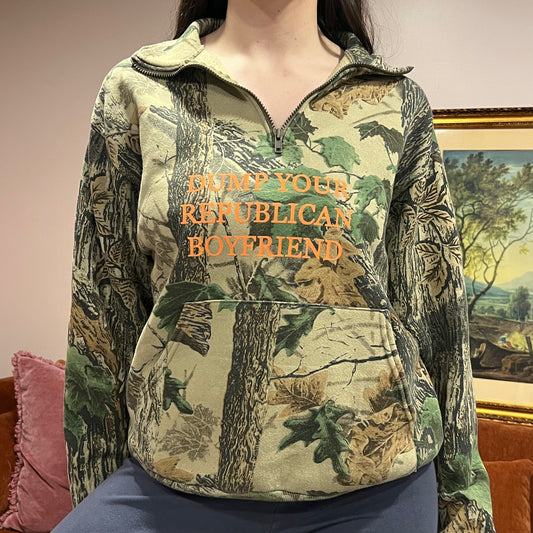 DUMP YOUR REPUBLICAN BOYFRIEND camo zip-up with orange text (M)