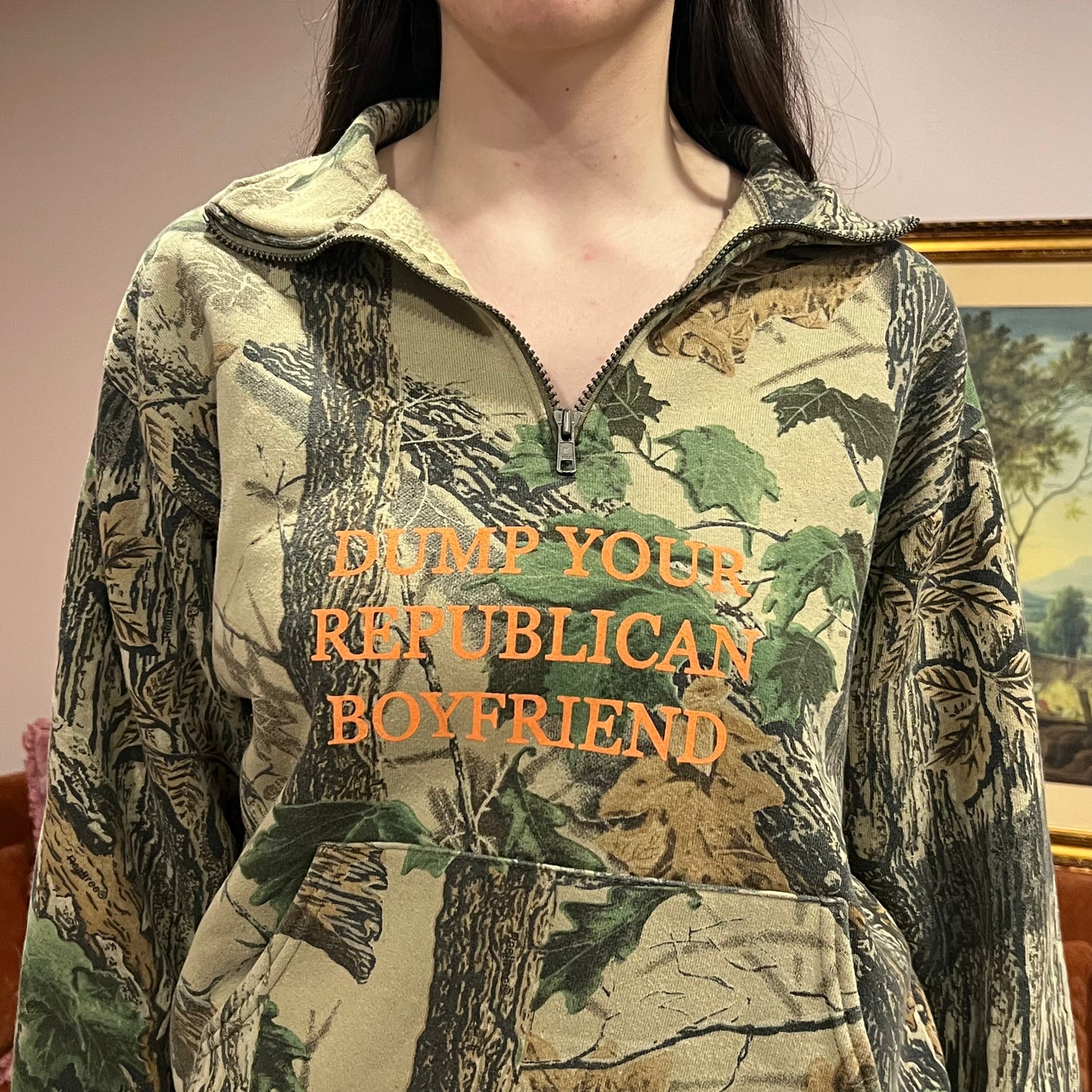 DUMP YOUR REPUBLICAN BOYFRIEND camo zip-up with orange text (M)