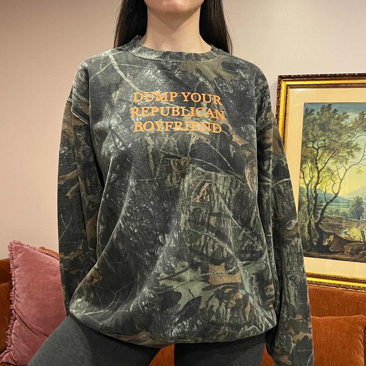 DUMP YOUR REPUBLICAN BOYFRIEND camo crewneck with orange text (XL)