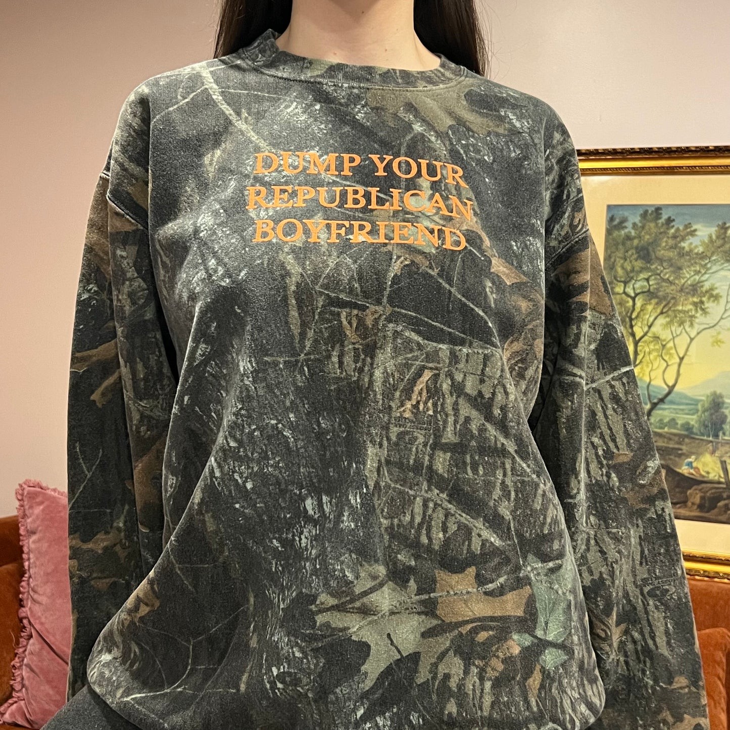 DUMP YOUR REPUBLICAN BOYFRIEND camo crewneck with orange text (XL)