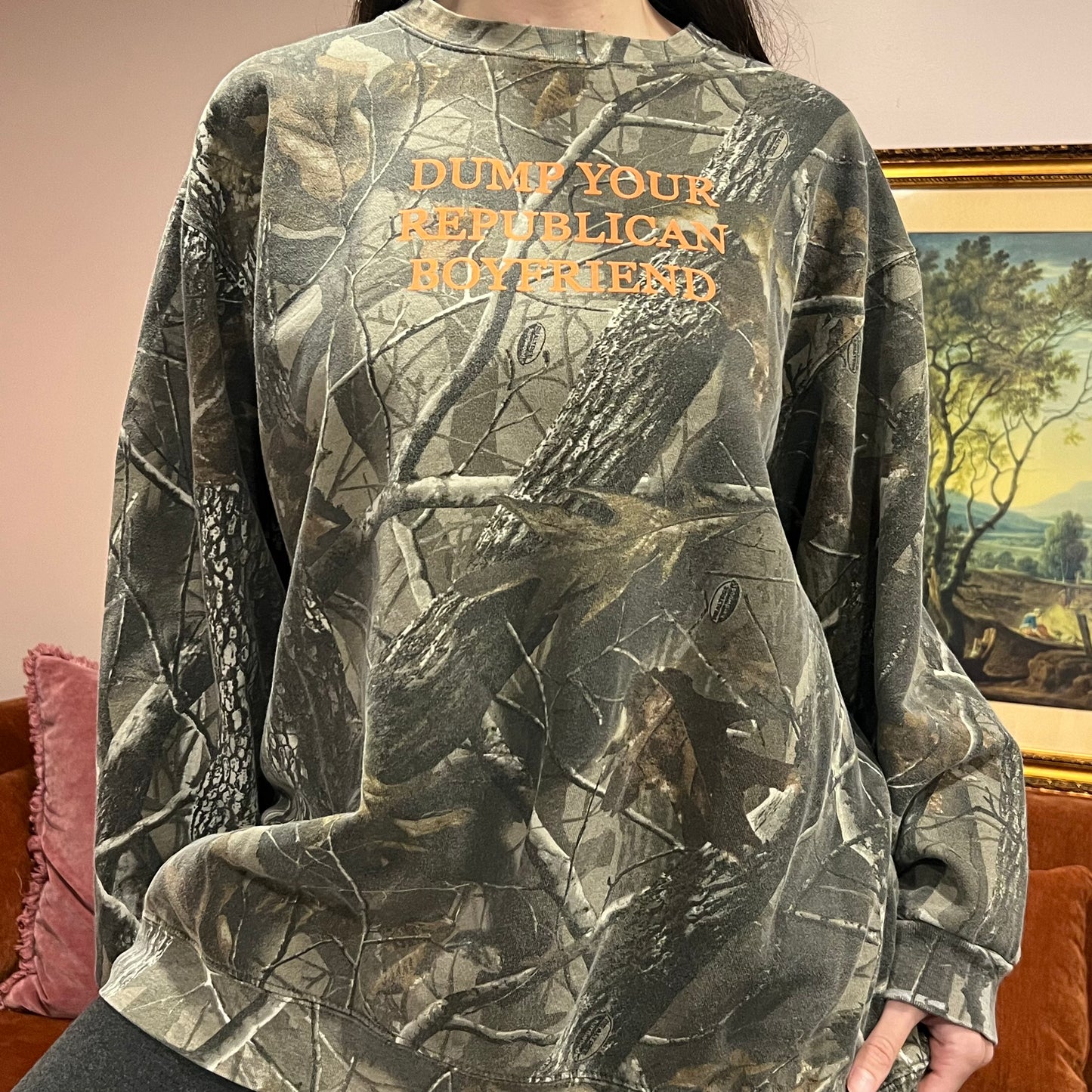DUMP YOUR REPUBLICAN BOYFRIEND camo crewneck with orange text (2XL)