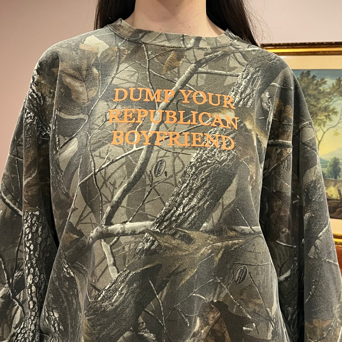 DUMP YOUR REPUBLICAN BOYFRIEND camo crewneck with orange text (2XL)