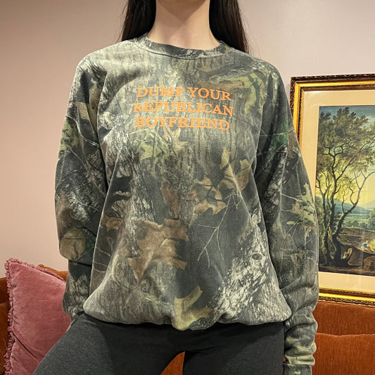 DUMP YOUR REPUBLICAN BOYFRIEND camo crewneck with orange text (XL)