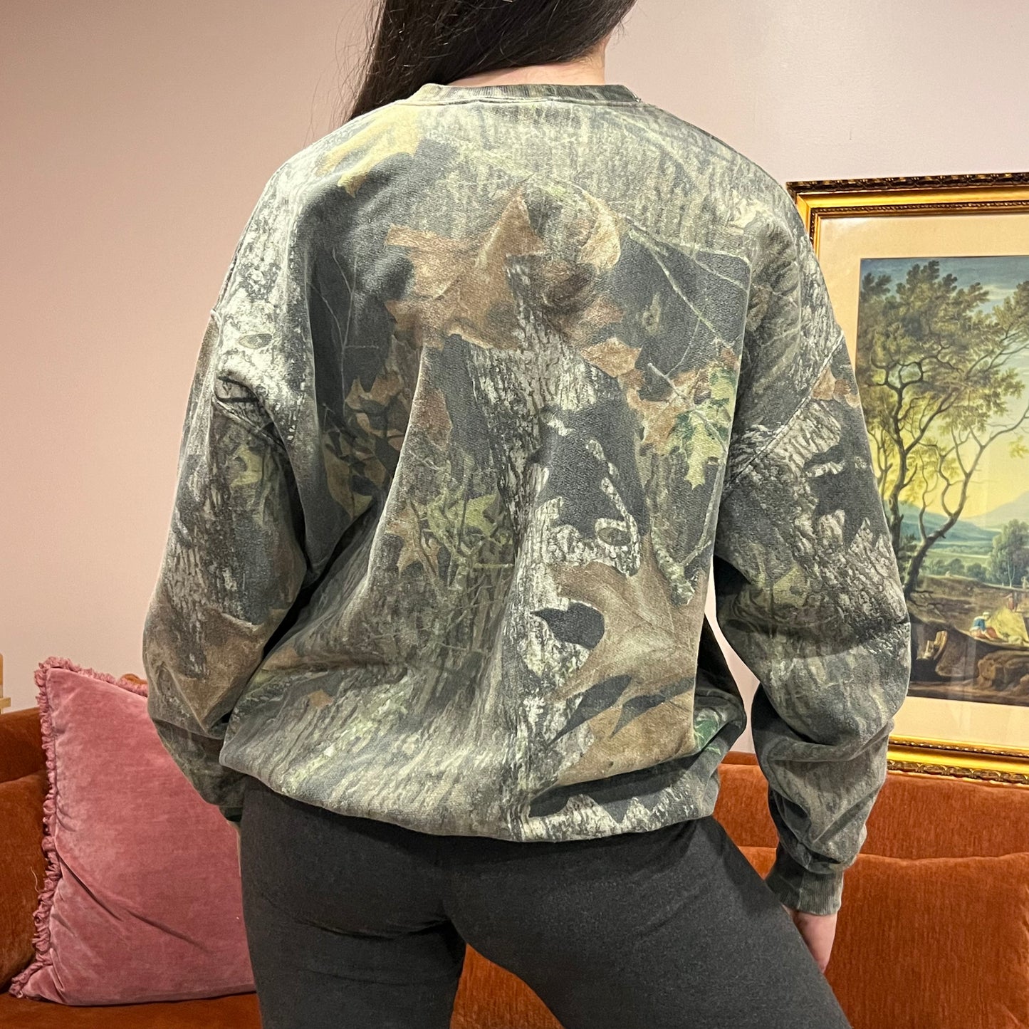 DUMP YOUR REPUBLICAN BOYFRIEND camo crewneck with orange text (XL)