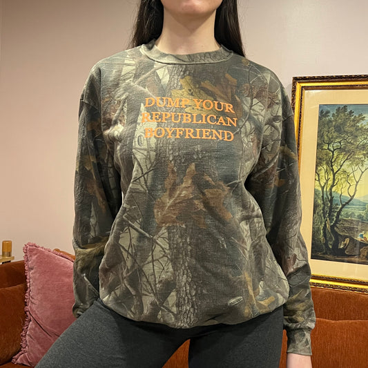 DUMP YOUR REPUBLICAN BOYFRIEND camo crewneck with orange text (L)