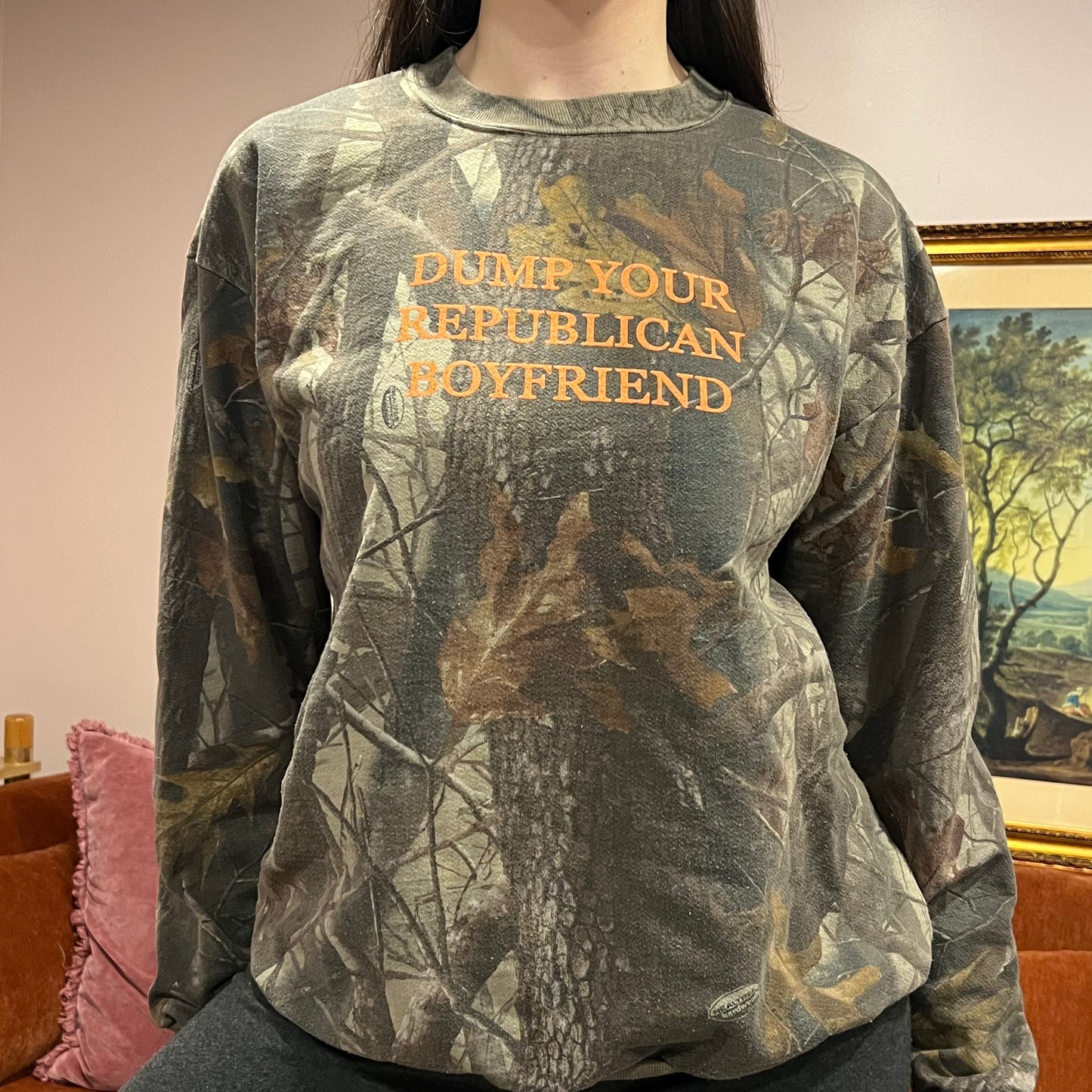 DUMP YOUR REPUBLICAN BOYFRIEND camo crewneck with orange text (L)