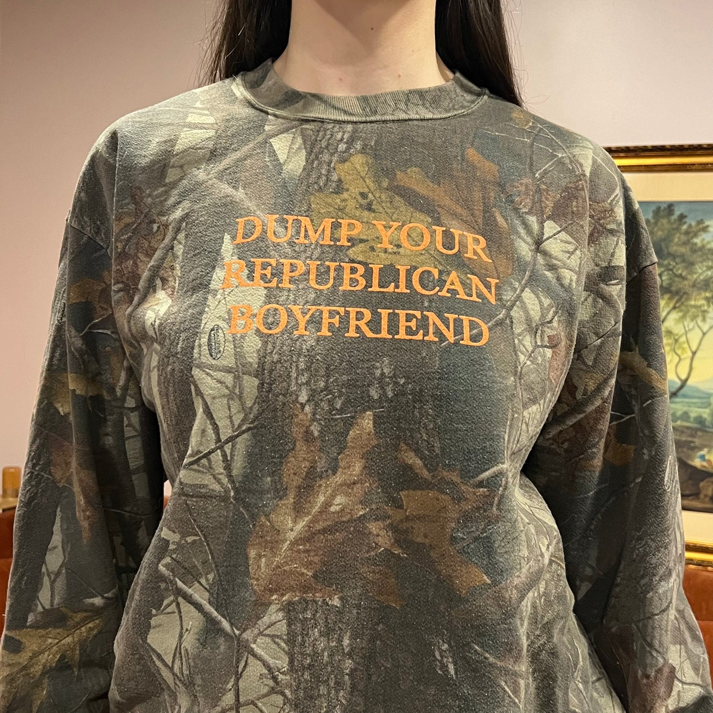 DUMP YOUR REPUBLICAN BOYFRIEND camo crewneck with orange text (L)