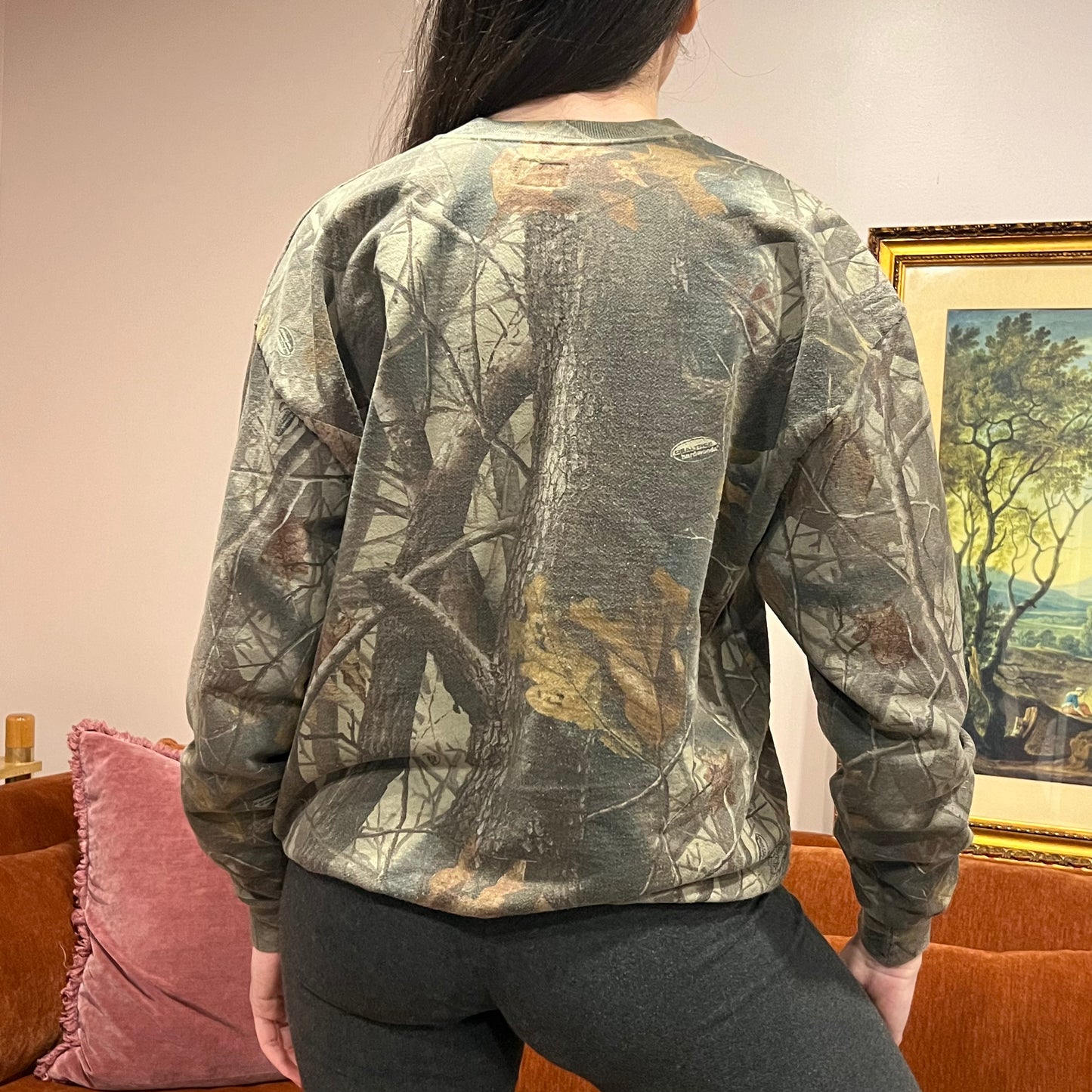 DUMP YOUR REPUBLICAN BOYFRIEND camo crewneck with orange text (L)