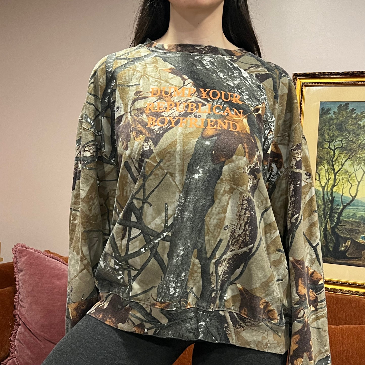 DUMP YOUR REPUBLICAN BOYFRIEND camo crewneck with orange text (2XL)