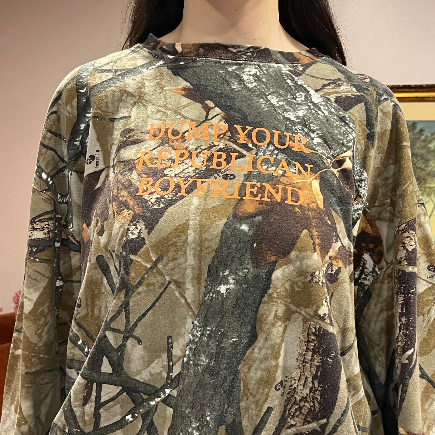 DUMP YOUR REPUBLICAN BOYFRIEND camo crewneck with orange text (2XL)
