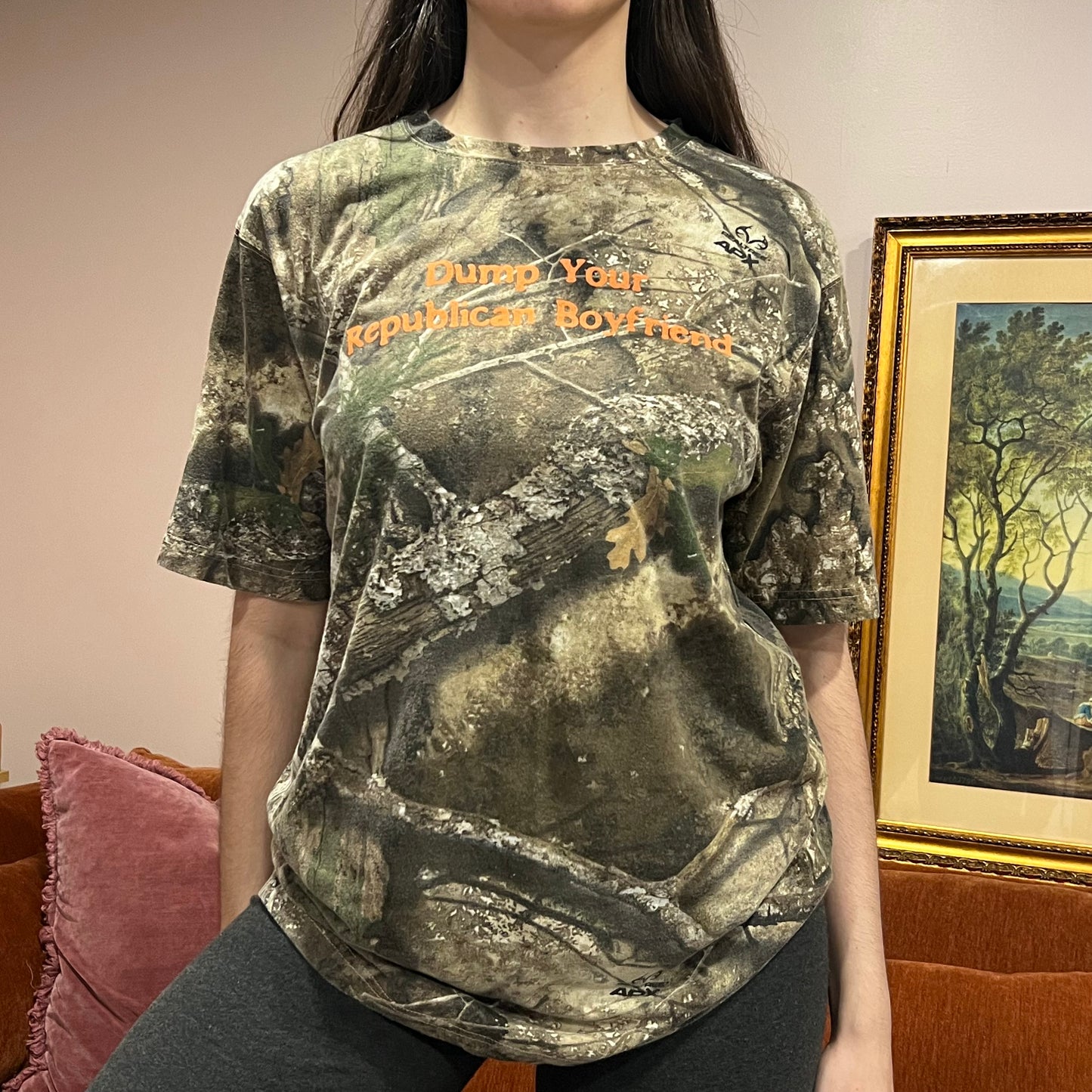 DUMP YOUR REPUBLICAN BOYFRIEND camo t-shirt with orange text (L)