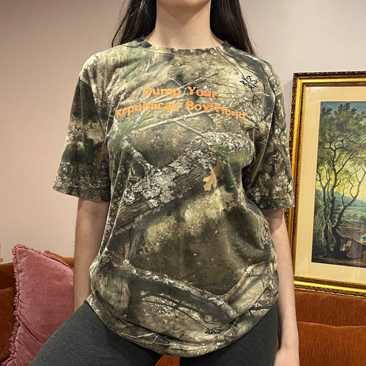 DUMP YOUR REPUBLICAN BOYFRIEND camo t-shirt with orange text (L)