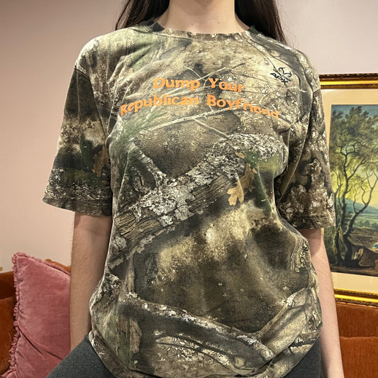 DUMP YOUR REPUBLICAN BOYFRIEND camo t-shirt with orange text (L)