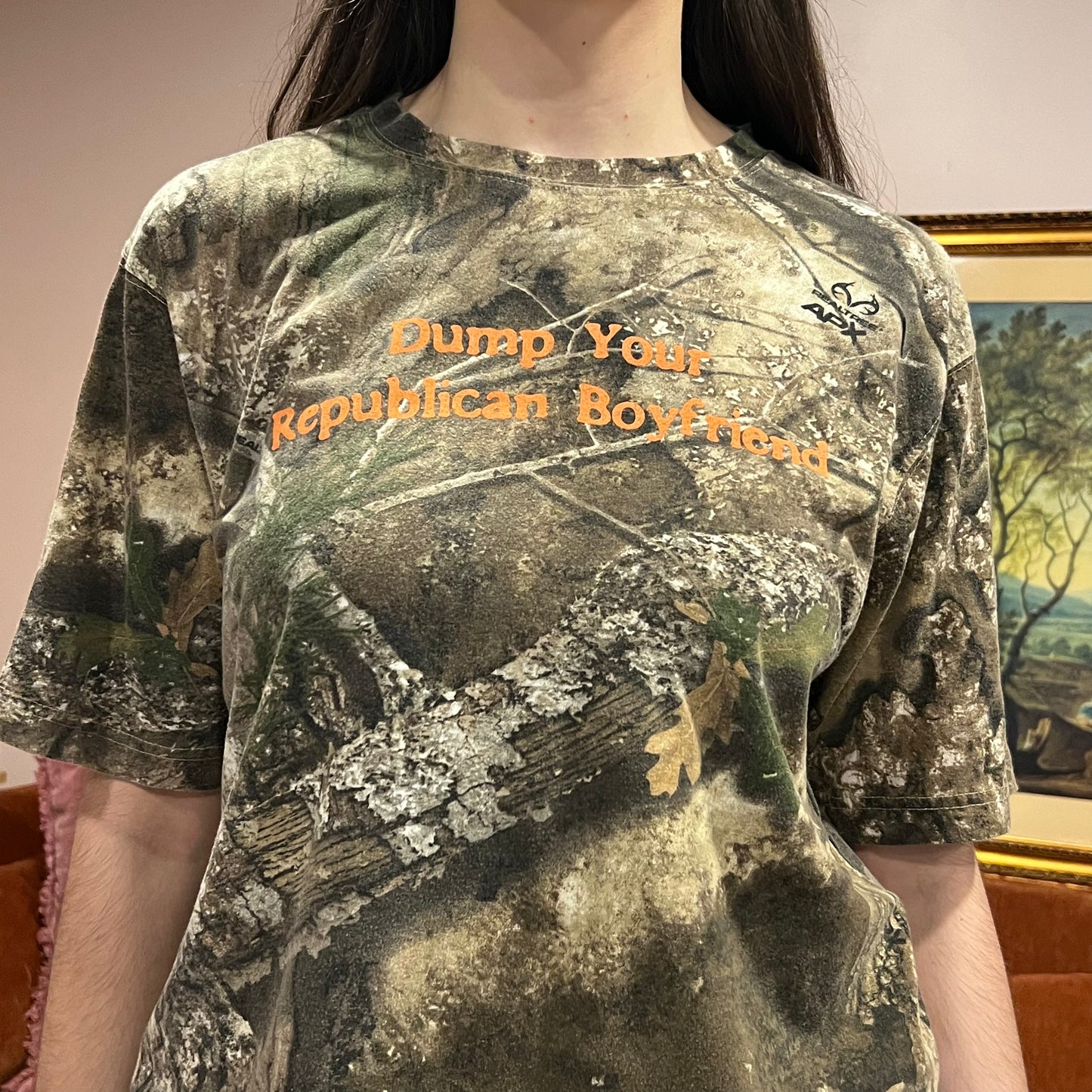 DUMP YOUR REPUBLICAN BOYFRIEND camo t-shirt with orange text (L)