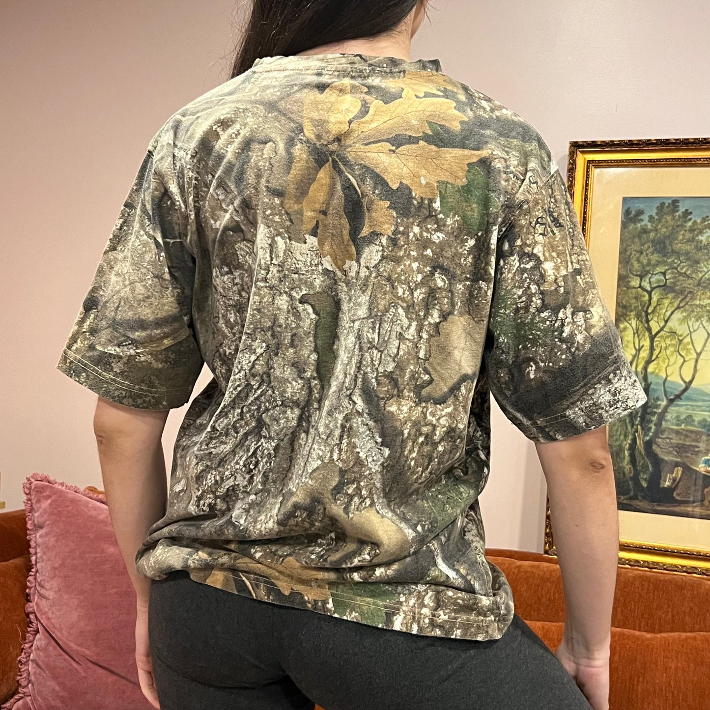DUMP YOUR REPUBLICAN BOYFRIEND camo t-shirt with orange text (L)
