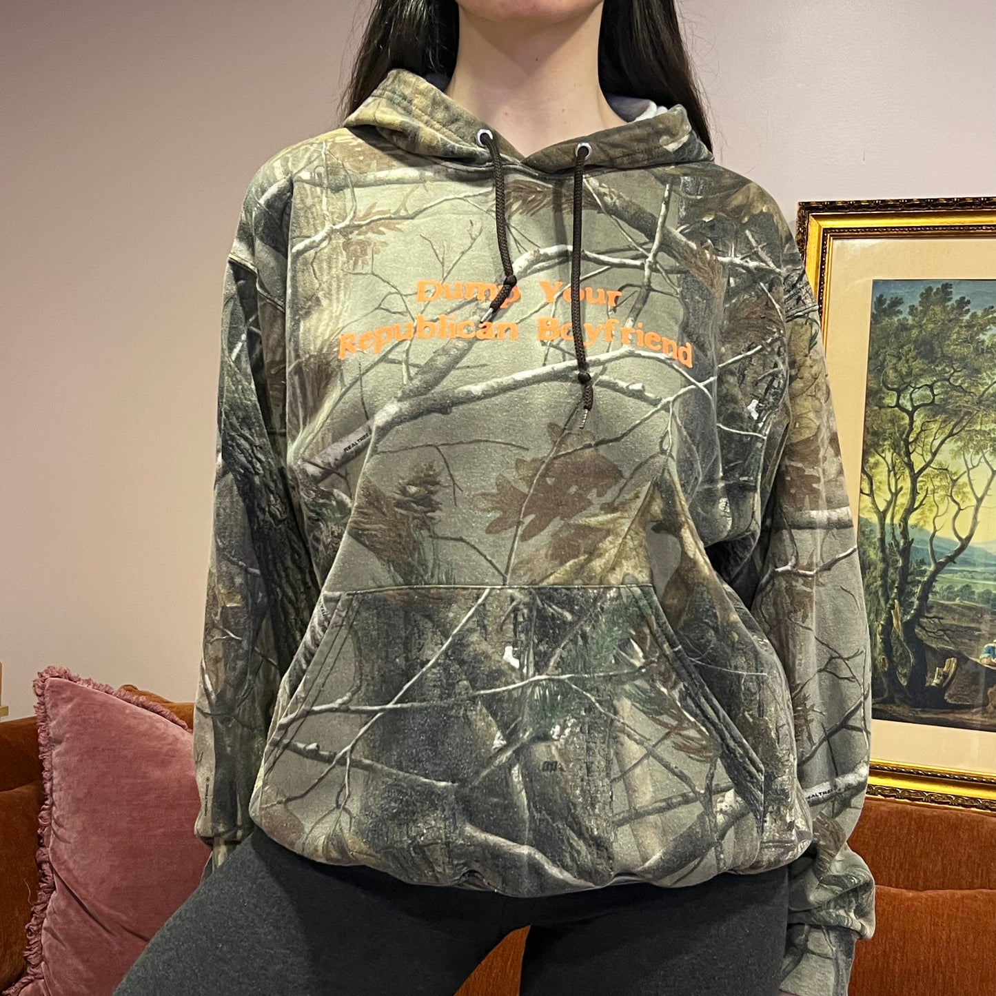 DUMP YOUR REPUBLICAN BOYFRIEND camo hoodie with orange text (L)