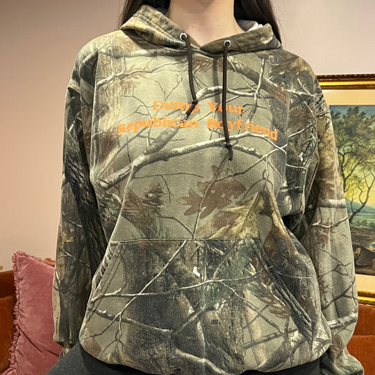 DUMP YOUR REPUBLICAN BOYFRIEND camo hoodie with orange text (L)