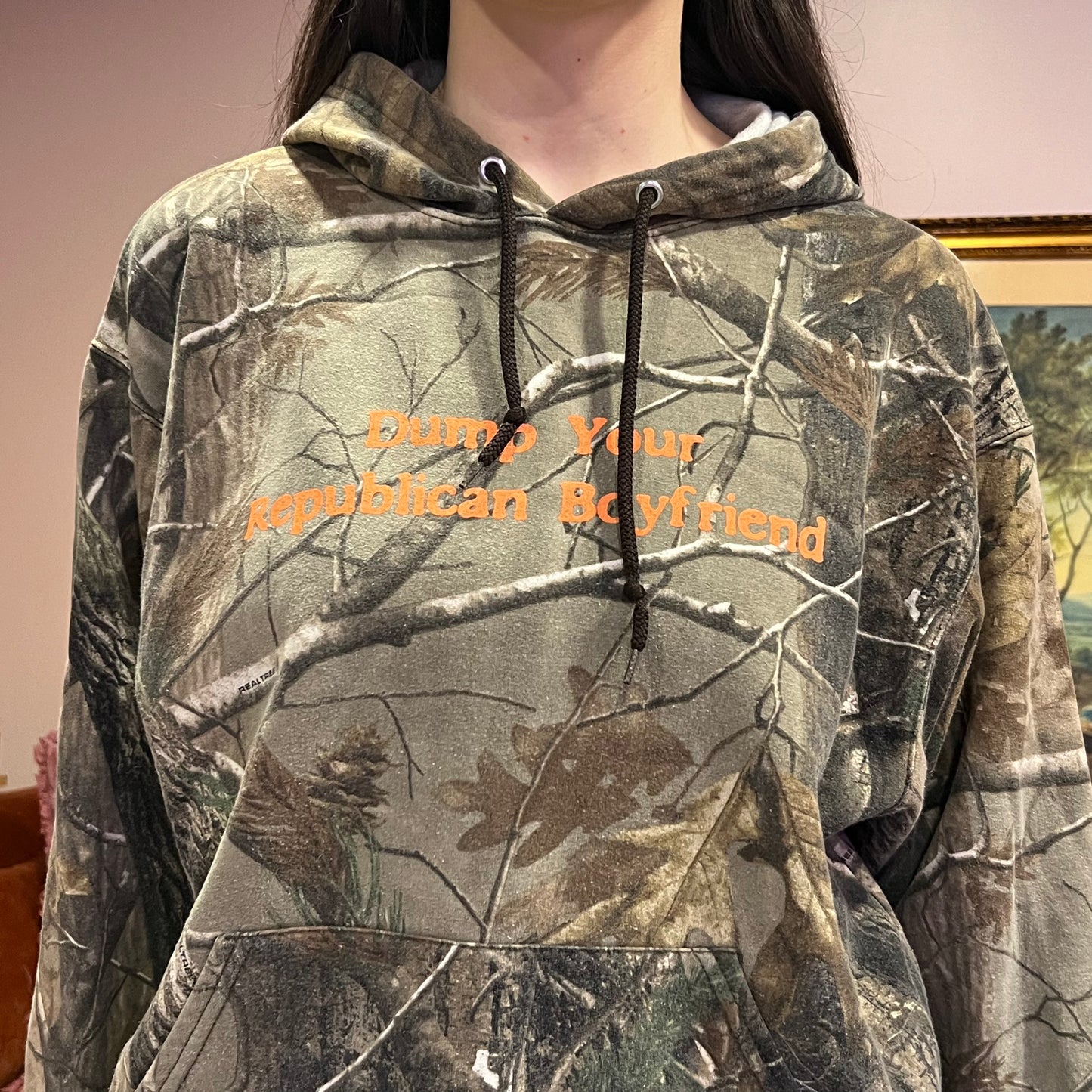 DUMP YOUR REPUBLICAN BOYFRIEND camo hoodie with orange text (L)