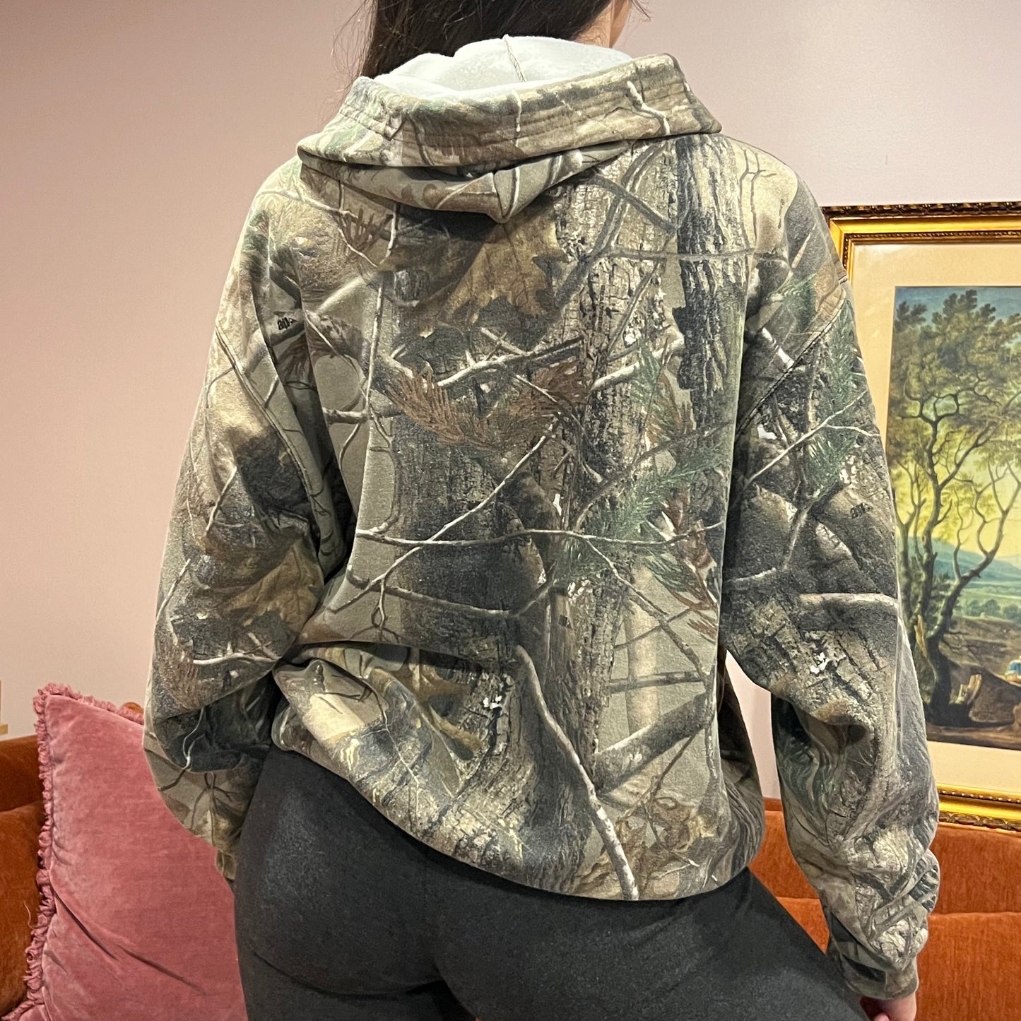 DUMP YOUR REPUBLICAN BOYFRIEND camo hoodie with orange text (L)