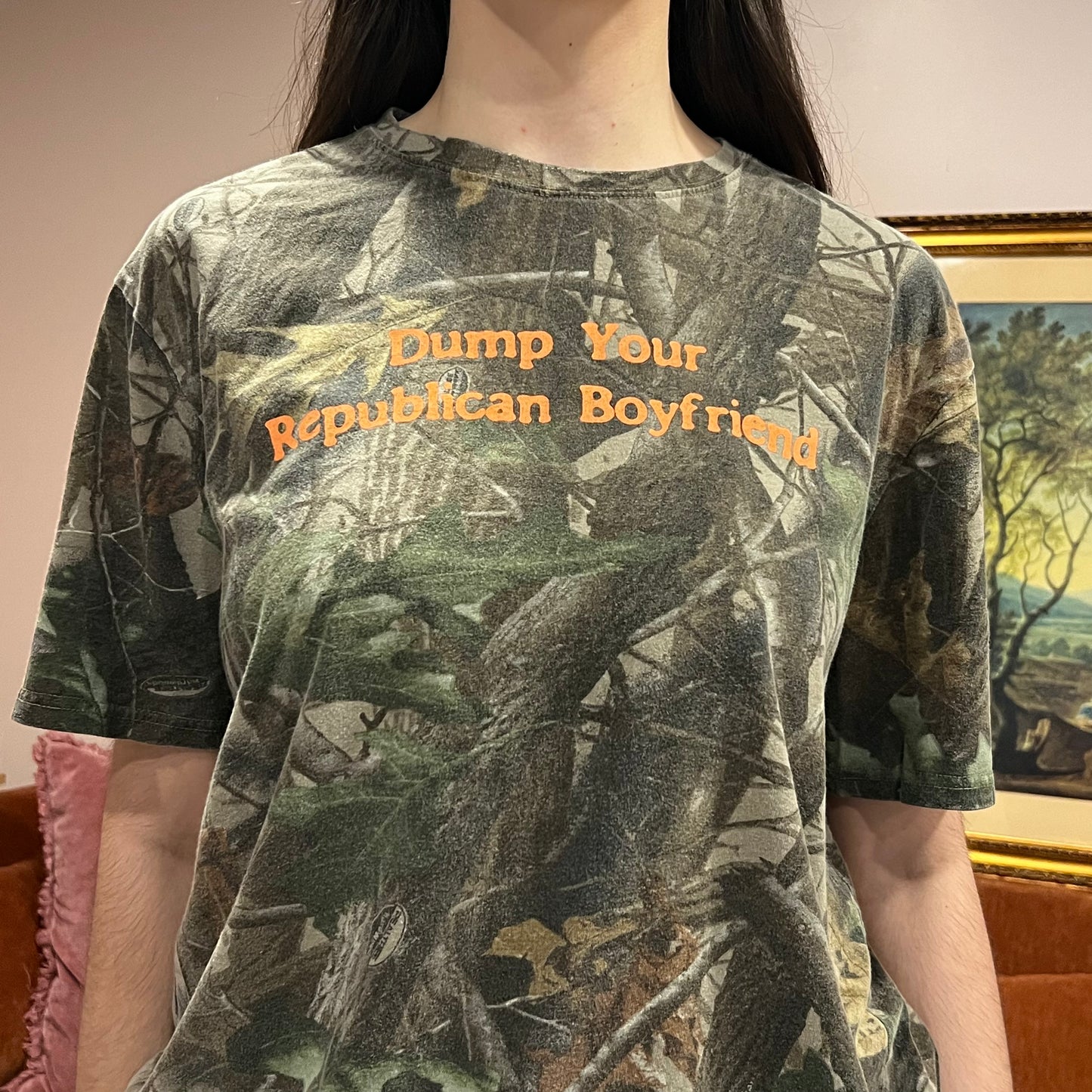 DUMP YOUR REPUBLICAN BOYFRIEND camo t-shirt with orange text (L)